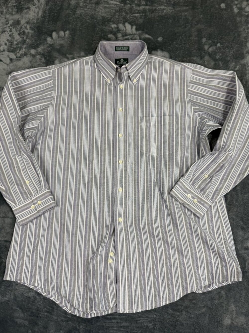 Surrey Mens Button-Down Shirt Gray & White Striped Size 17 34/35 Cotton Blend